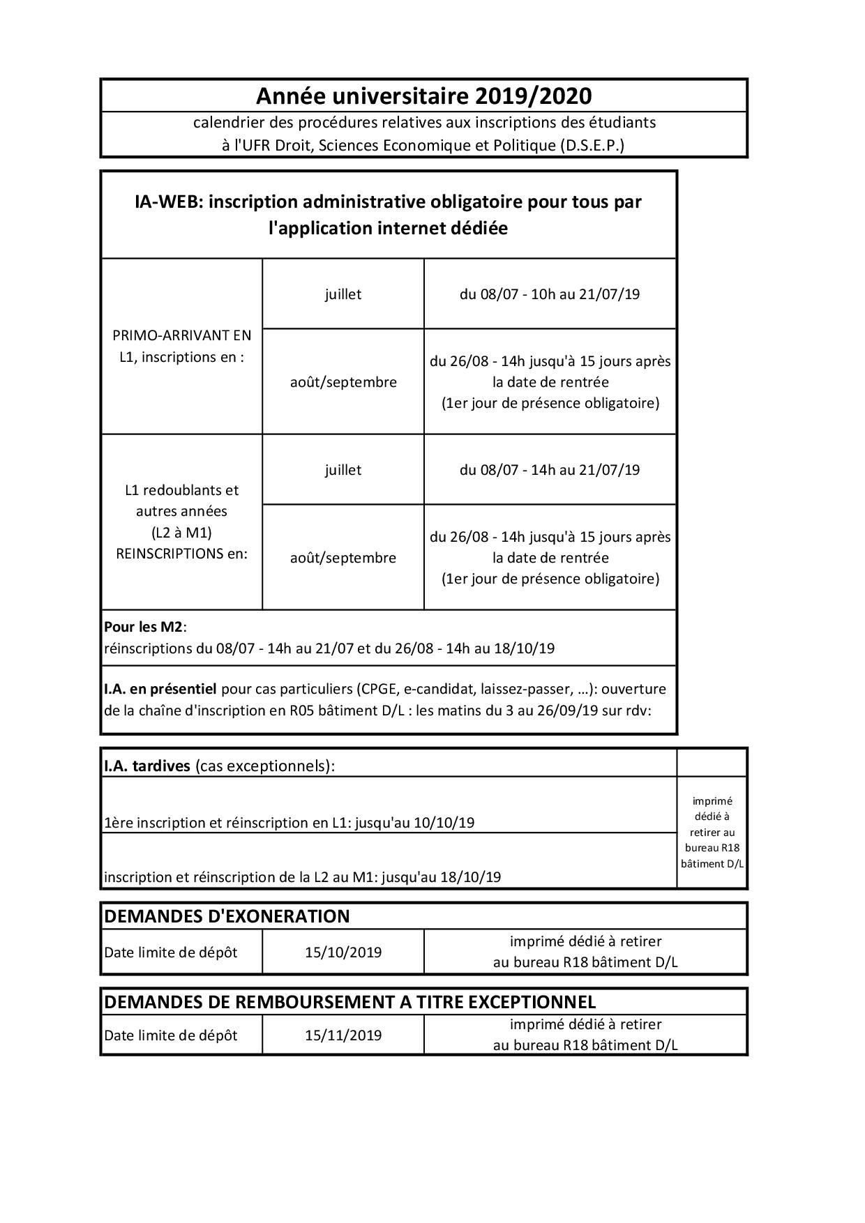 calendrier des procédures IA 2019.2020